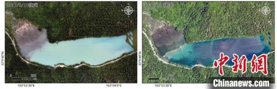 镜海的水体影像对比：地震刚发生后(2017年8月10日，左)；地震近三年后(2020年6月9日，右)。中科院空天院付碧宏研究员团队 供图